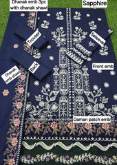 Dhanak Embroidered 3-Piece Suit with Matching Dhanak Embroidered Dupatta