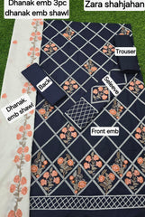 Dhanak Embroidered 3-Piece Suit with Matching Dhanak Embroidered Dupatta